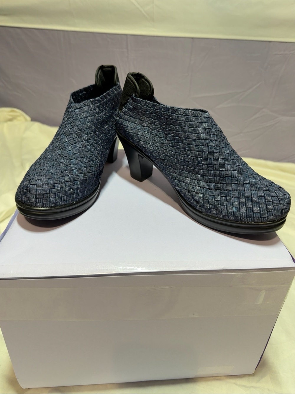 Woven Navy Blue Women's Heeled Slip-On Shoes